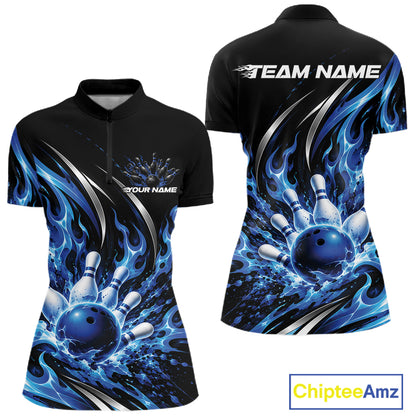 Custom Blue Flame Bowling Women Quarter-Zip, Bowling Tournament Jersey Bowler Outfit IPHW12386