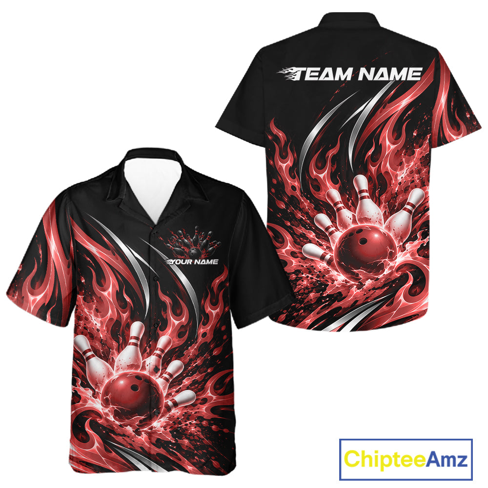Custom Red Flame Bowling Button Up Shirt For Men And Women, Bowling Tournament Jersey Bowler Outfit IPHW12387