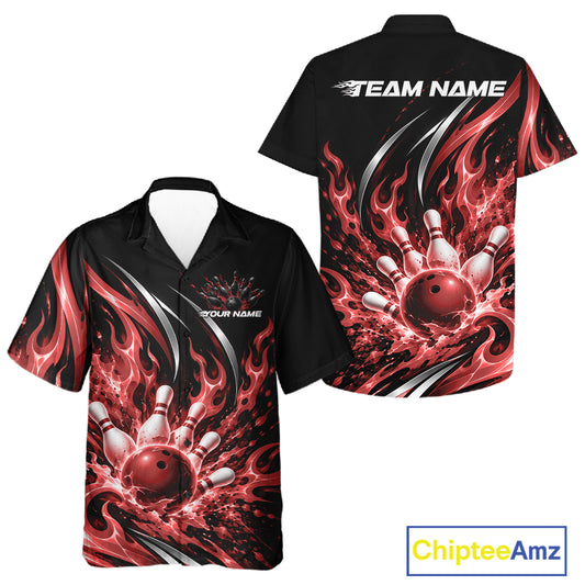 Custom Red Flame Bowling Button Up Shirt For Men And Women, Bowling Tournament Jersey Bowler Outfit IPHW12387