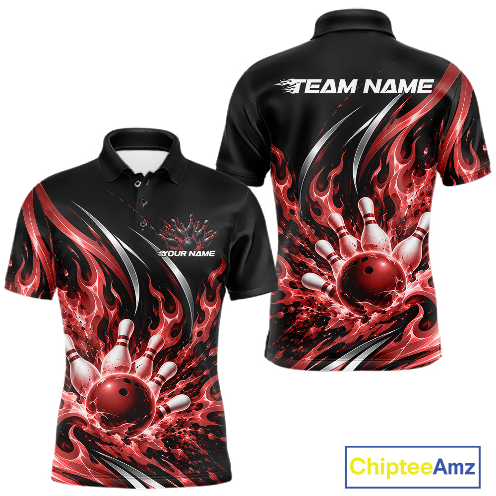 Custom Red Flame Bowling Polo Shirt For Men, Bowling Tournament Jersey Bowler Outfit IPHW12387
