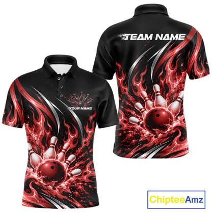 Custom Red Flame Bowling Polo Shirt For Men, Bowling Tournament Jersey Bowler Outfit IPHW12387