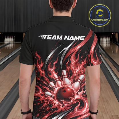Custom Red Flame Bowling Polo Shirt For Men, Bowling Tournament Jersey Bowler Outfit IPHW12387