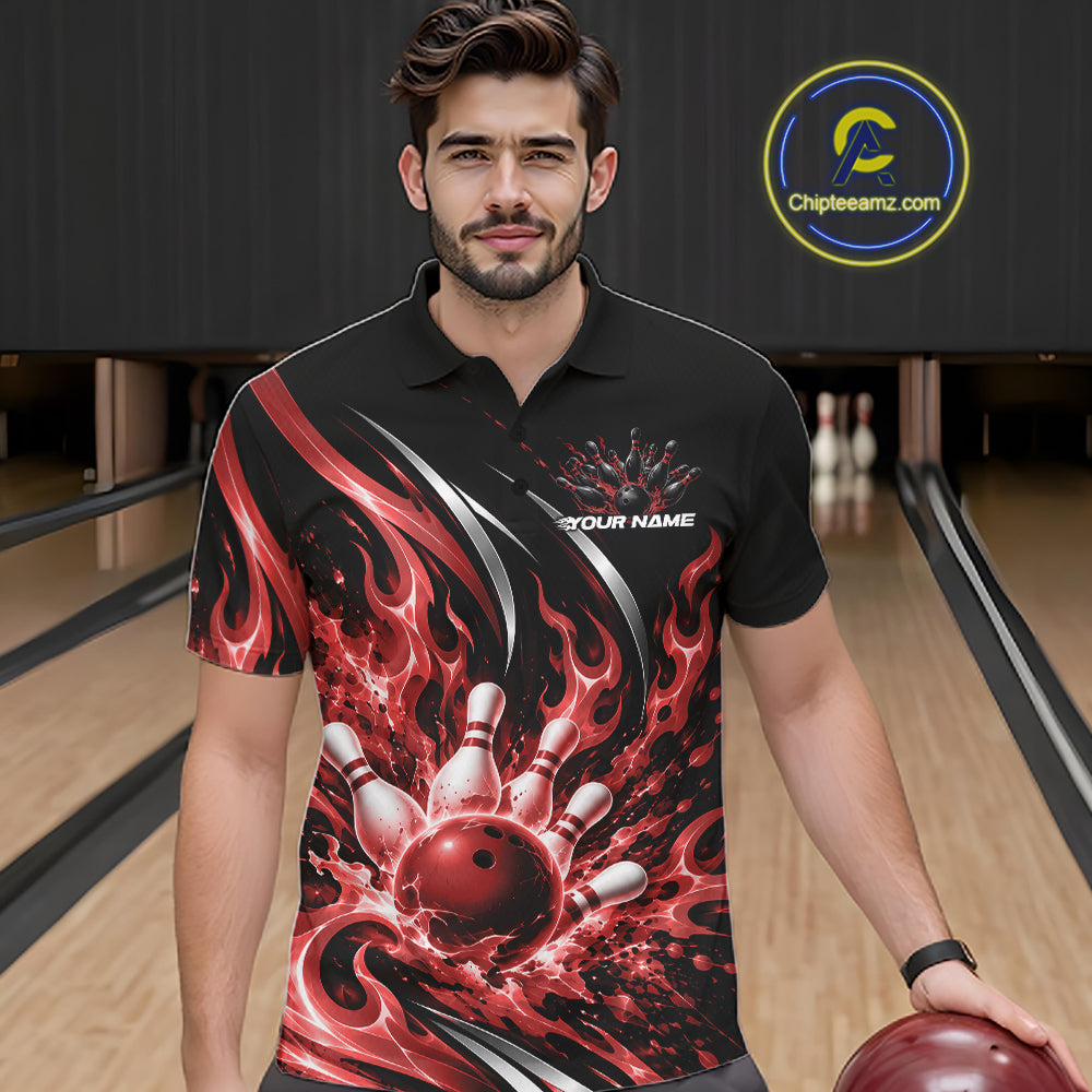 Custom Red Flame Bowling Polo Shirt For Men, Bowling Tournament Jersey Bowler Outfit IPHW12387