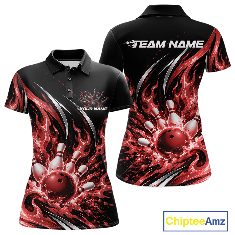 Custom Red Flame Bowling Polo Shirt For Women, Bowling Tournament Jersey Bowler Outfit IPHW12387