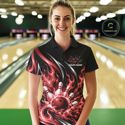 Custom Red Flame Bowling Polo Shirt For Women, Bowling Tournament Jersey Bowler Outfit IPHW12387