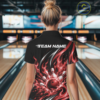 Custom Red Flame Bowling Polo Shirt For Women, Bowling Tournament Jersey Bowler Outfit IPHW12387