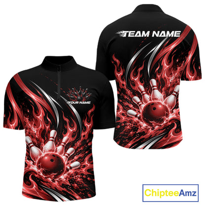 Custom Red Flame Bowling Quarter Zip Shirt For Men, Bowling Tournament Jersey Bowler Outfit IPHW12387