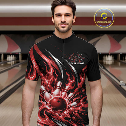 Custom Red Flame Bowling Quarter Zip Shirt For Men, Bowling Tournament Jersey Bowler Outfit IPHW12387