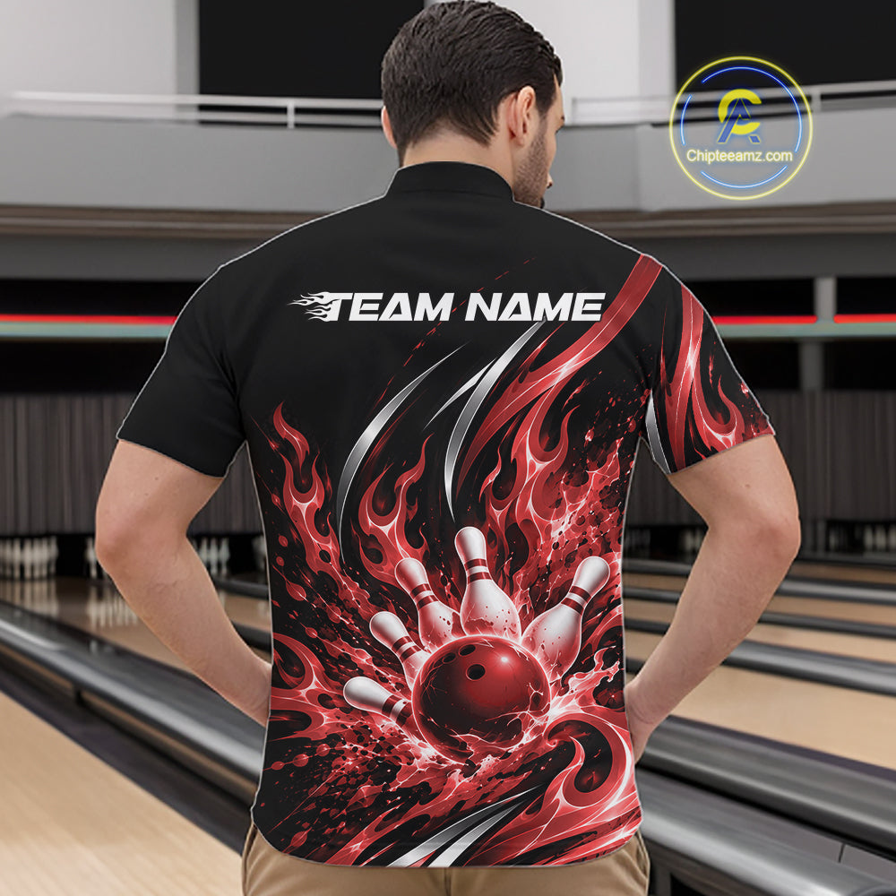 Custom Red Flame Bowling Quarter Zip Shirt For Men, Bowling Tournament Jersey Bowler Outfit IPHW12387