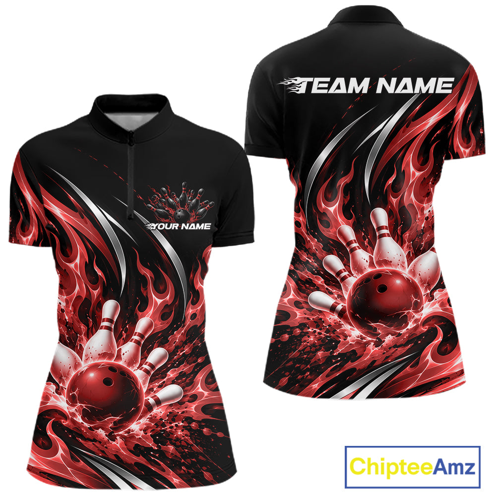 Custom Red Flame Bowling Women Quarter-Zip, Bowling Tournament Jersey Bowler Outfit IPHW12387