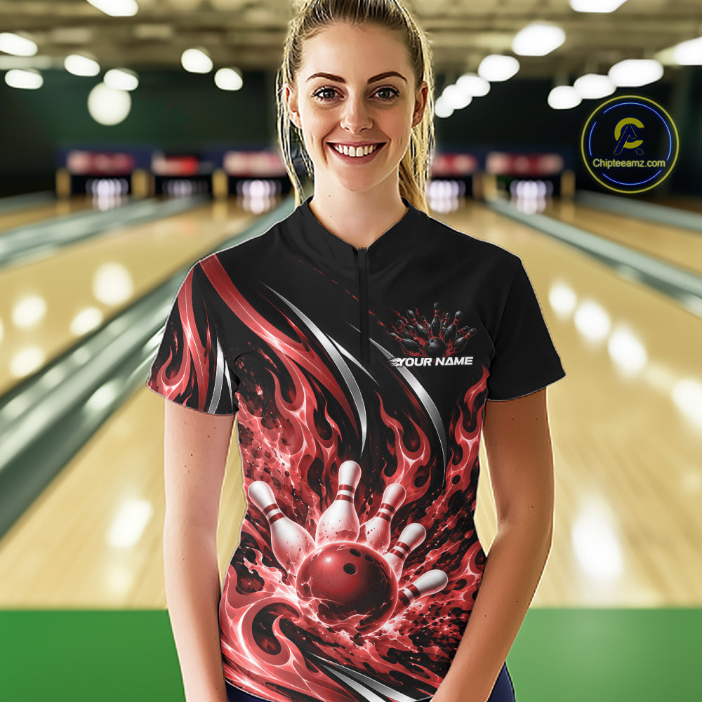 Custom Red Flame Bowling Women Quarter-Zip, Bowling Tournament Jersey Bowler Outfit IPHW12387