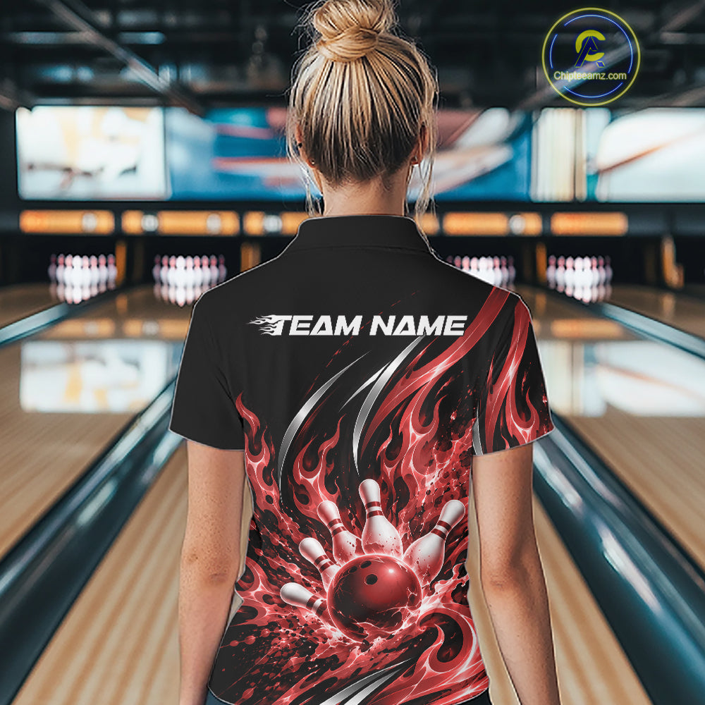 Custom Red Flame Bowling Women Quarter-Zip, Bowling Tournament Jersey Bowler Outfit IPHW12387
