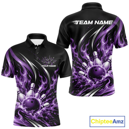 Custom Purple Flame Bowling Polo Shirt For Men, Bowling Tournament Jersey Bowler Outfit IPHW12388