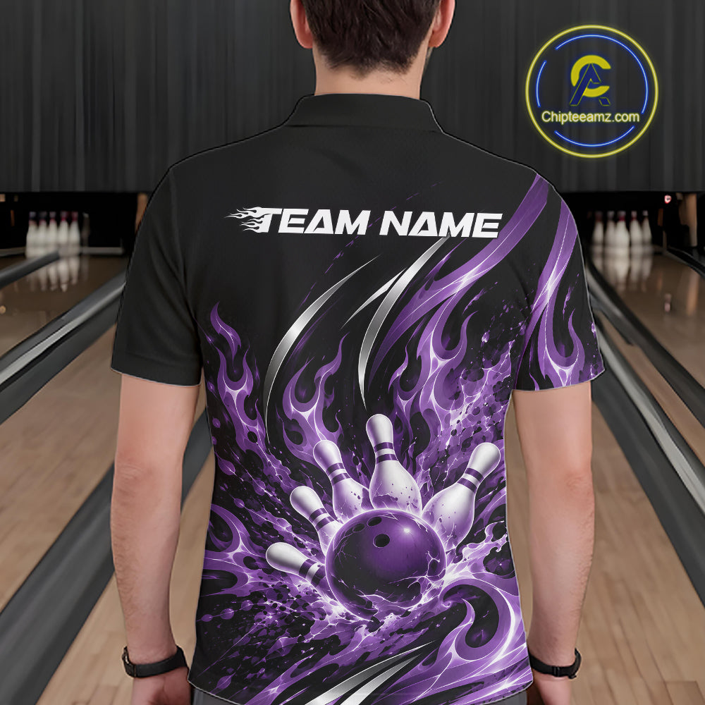 Custom Purple Flame Bowling Polo Shirt For Men, Bowling Tournament Jersey Bowler Outfit IPHW12388