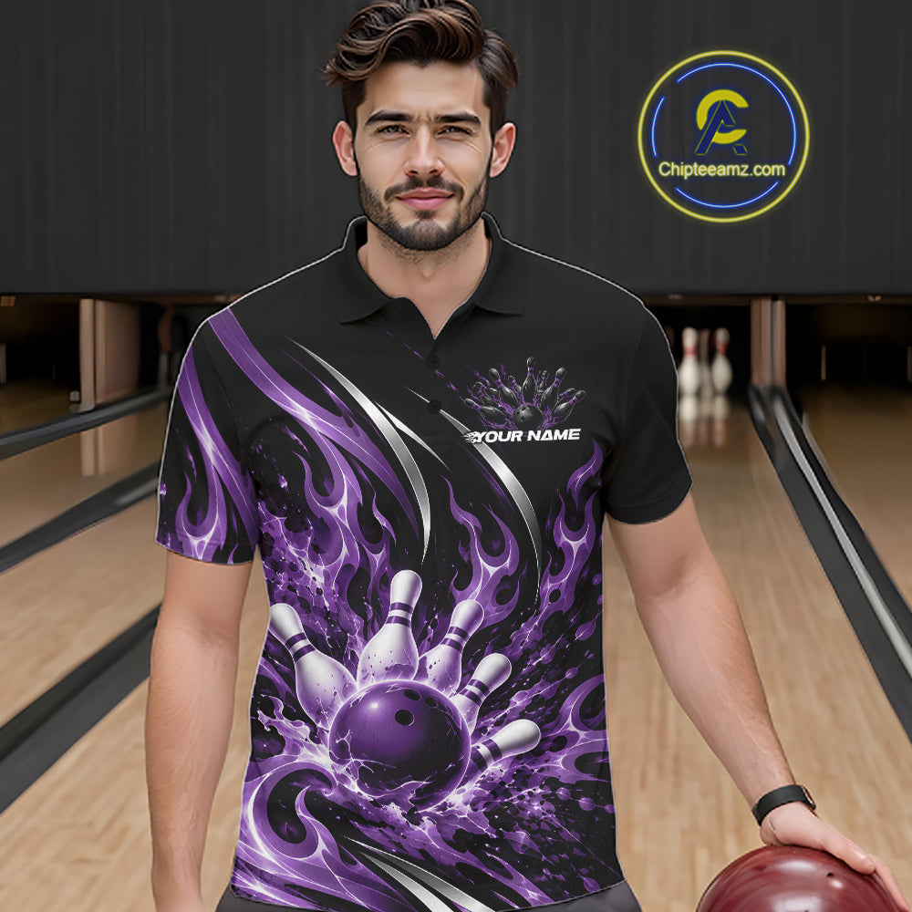 Custom Purple Flame Bowling Polo Shirt For Men, Bowling Tournament Jersey Bowler Outfit IPHW12388