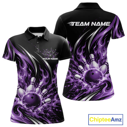 Custom Purple Flame Bowling Polo Shirt For Women, Bowling Tournament Jersey Bowler Outfit IPHW12388