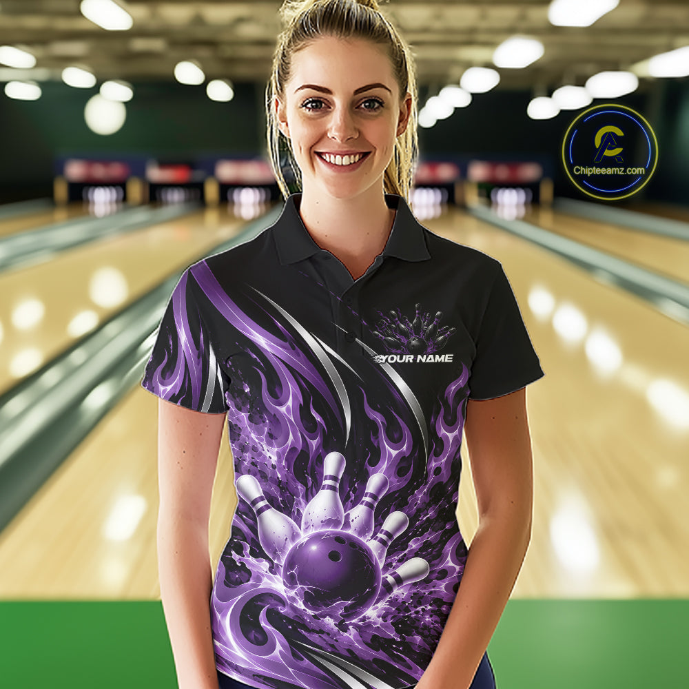 Custom Purple Flame Bowling Polo Shirt For Women, Bowling Tournament Jersey Bowler Outfit IPHW12388