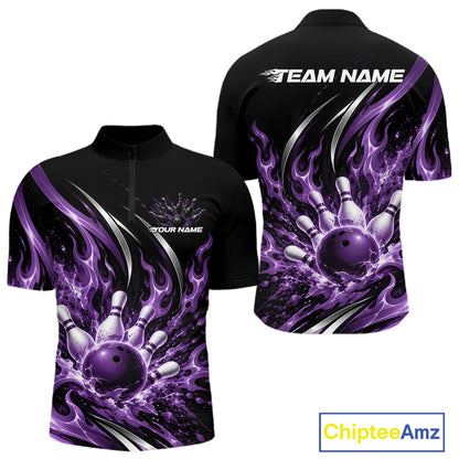 Custom Purple Flame Bowling Quarter Zip Shirt For Men, Bowling Tournament Jersey Bowler Outfit IPHW12388