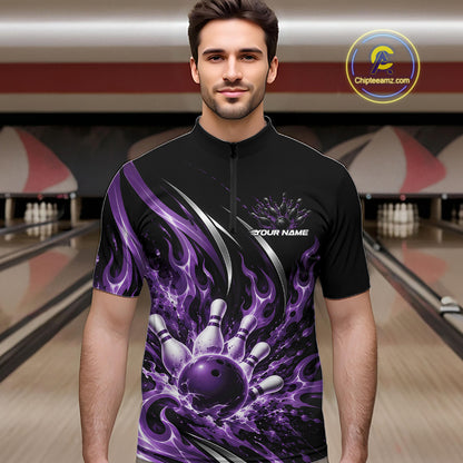 Custom Purple Flame Bowling Quarter Zip Shirt For Men, Bowling Tournament Jersey Bowler Outfit IPHW12388