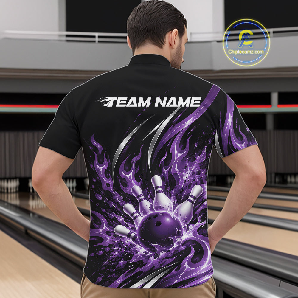 Custom Purple Flame Bowling Quarter Zip Shirt For Men, Bowling Tournament Jersey Bowler Outfit IPHW12388