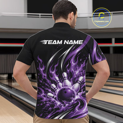 Custom Purple Flame Bowling Quarter Zip Shirt For Men, Bowling Tournament Jersey Bowler Outfit IPHW12388