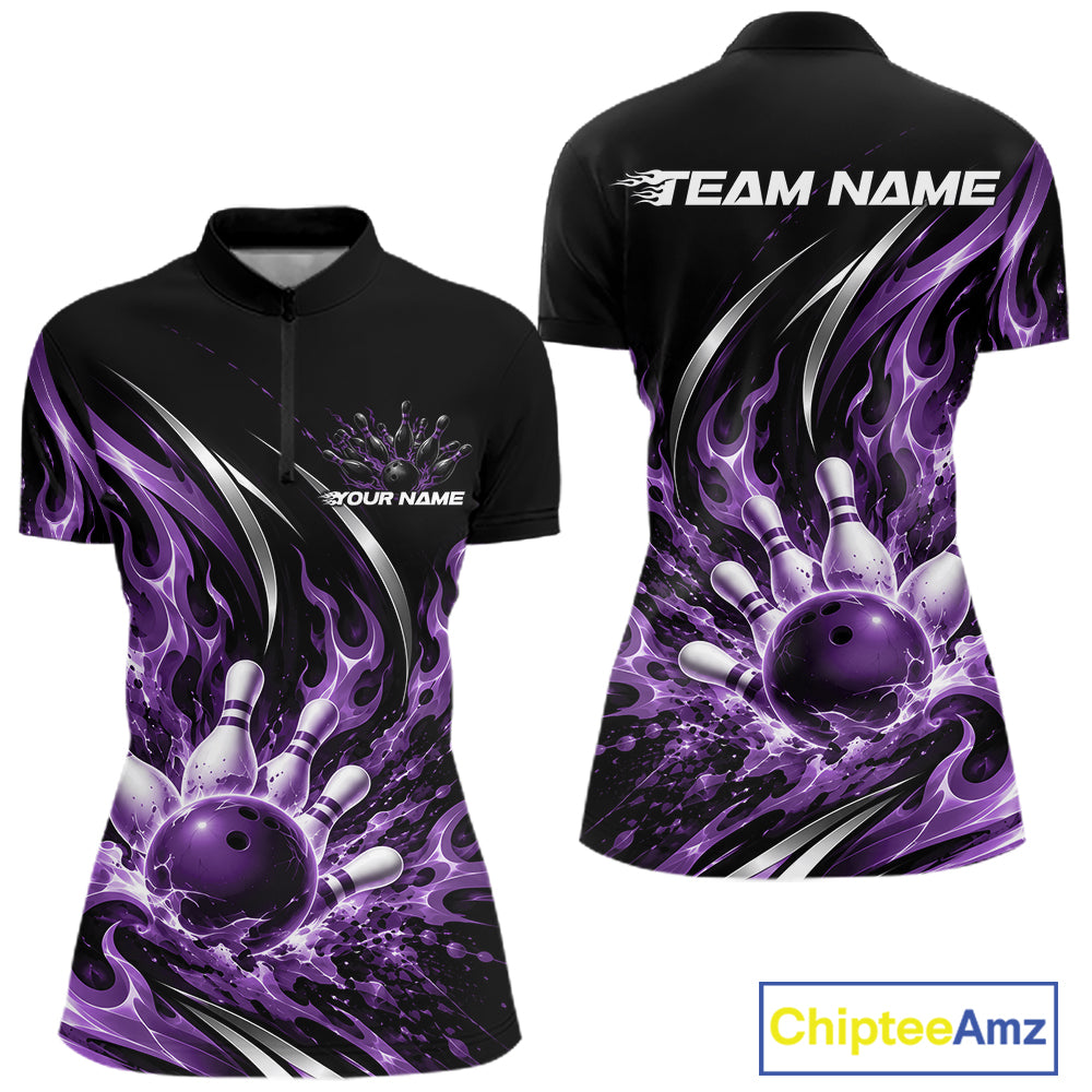 Custom Purple Flame Bowling Women Quarter-Zip, Bowling Tournament Jersey Bowler Outfit IPHW12388