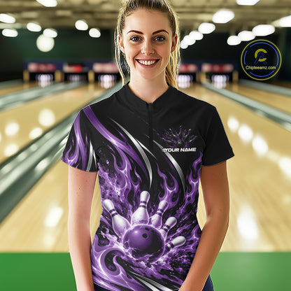 Custom Purple Flame Bowling Women Quarter-Zip, Bowling Tournament Jersey Bowler Outfit IPHW12388