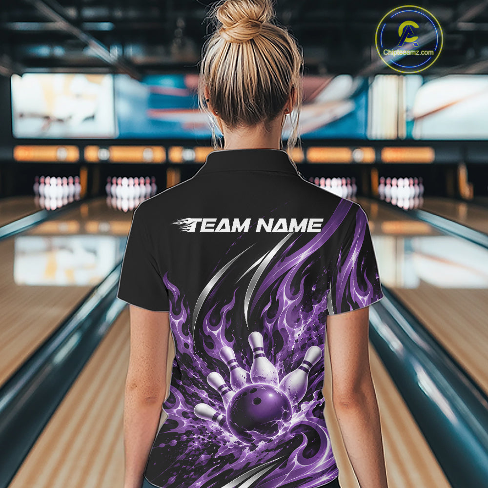 Custom Purple Flame Bowling Women Quarter-Zip, Bowling Tournament Jersey Bowler Outfit IPHW12388