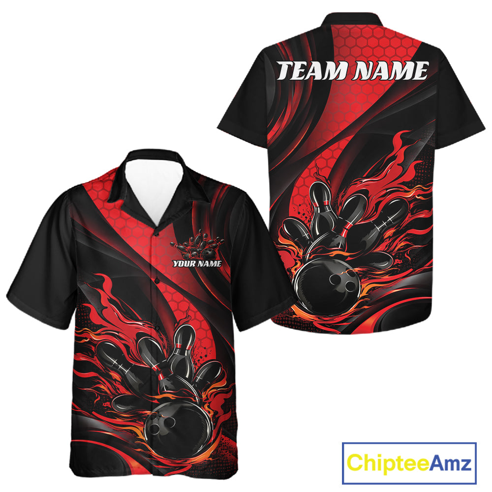 Black And Red Flame Custom Bowling Men And Women Button Up Shirt, Bowling League Team Outfit IPHW12844