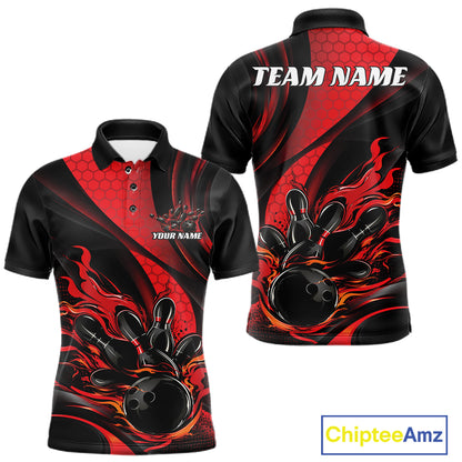 Black And Red Flame Custom Bowling Men Polo Shirt, Bowling League Team Outfit IPHW12844