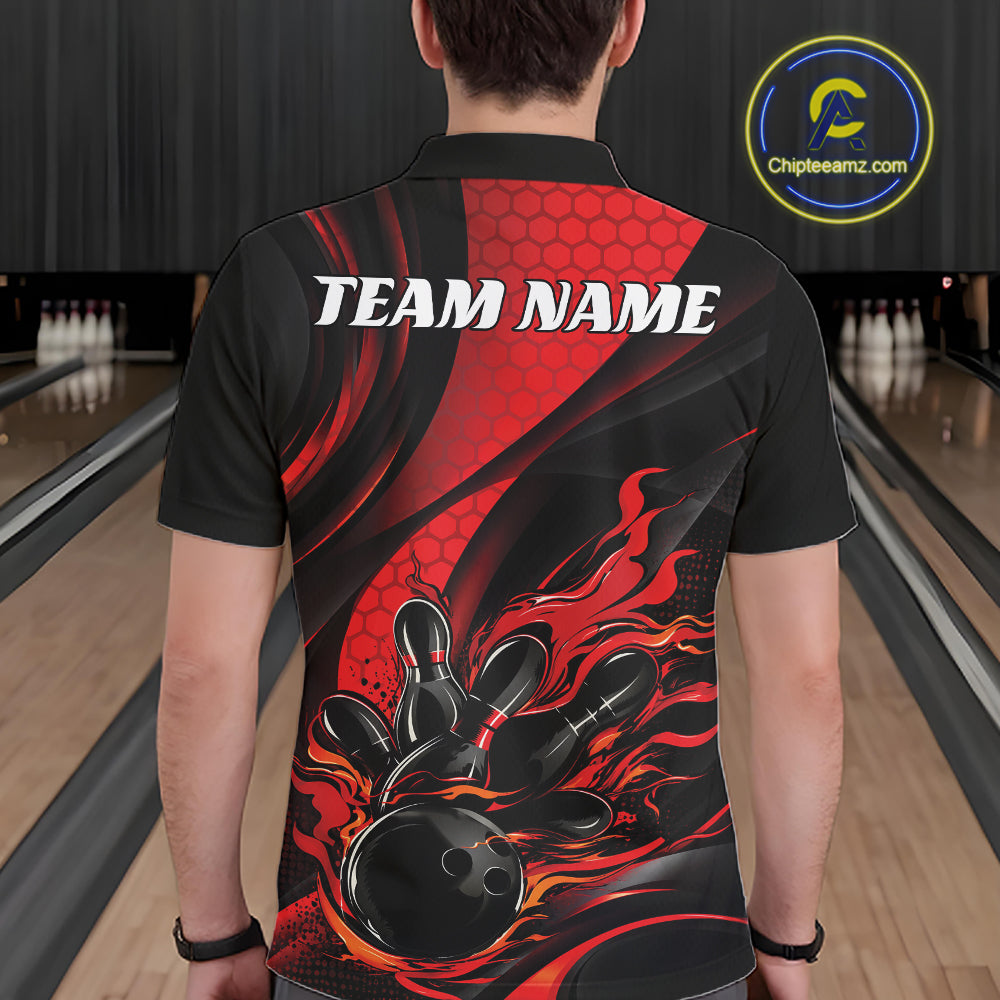 Black And Red Flame Custom Bowling Men Polo Shirt, Bowling League Team Outfit IPHW12844