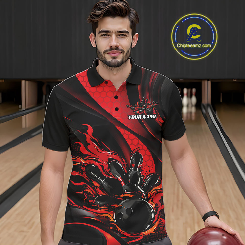 Black And Red Flame Custom Bowling Men Polo Shirt, Bowling League Team Outfit IPHW12844