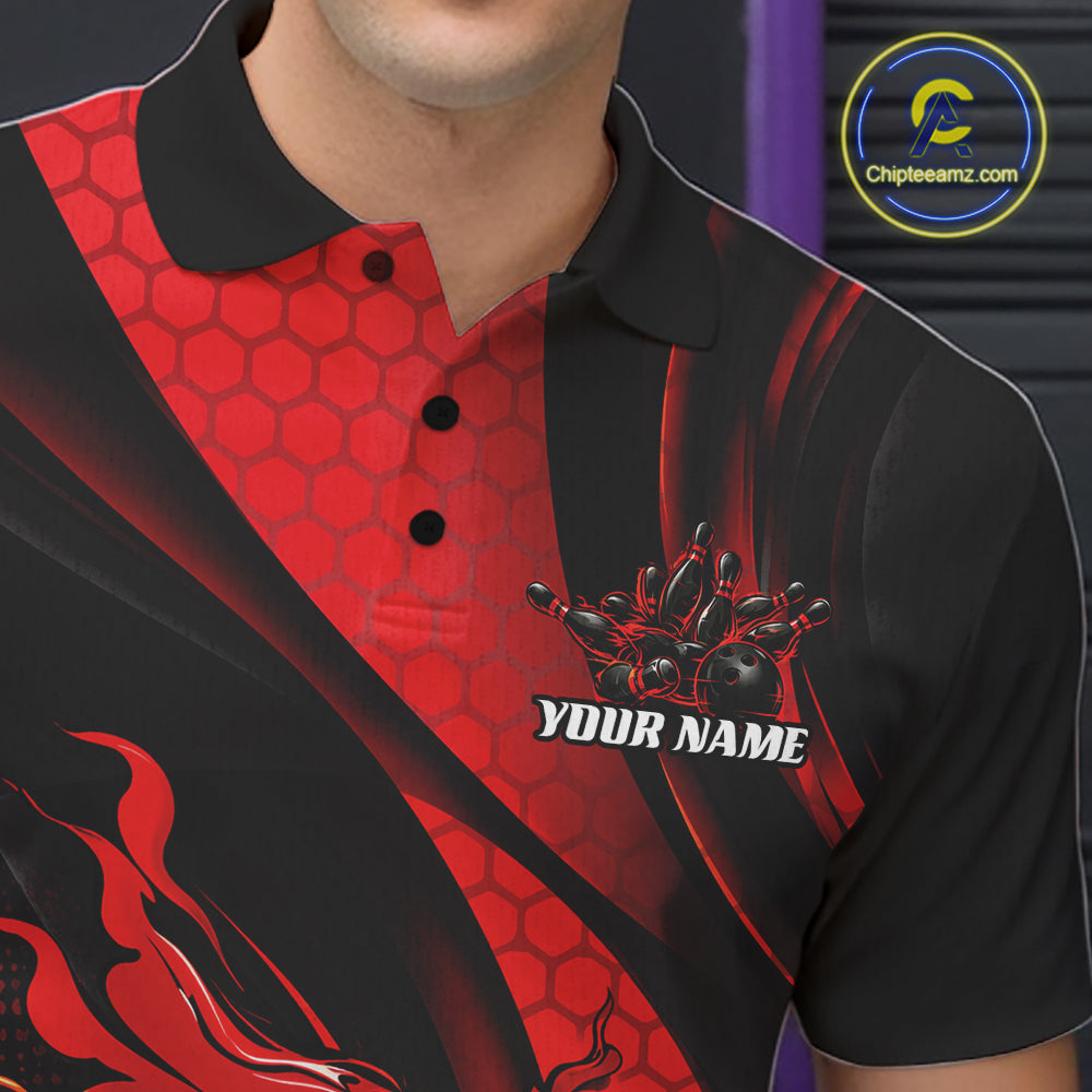 Black And Red Flame Custom Bowling Men Polo Shirt, Bowling League Team Outfit IPHW12844