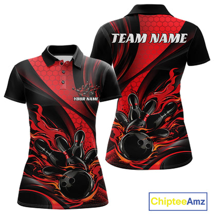 Black And Red Flame Custom Bowling Women Polo Shirt, Bowling League Team Outfit IPHW12844
