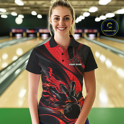 Black And Red Flame Custom Bowling Women Polo Shirt, Bowling League Team Outfit IPHW12844