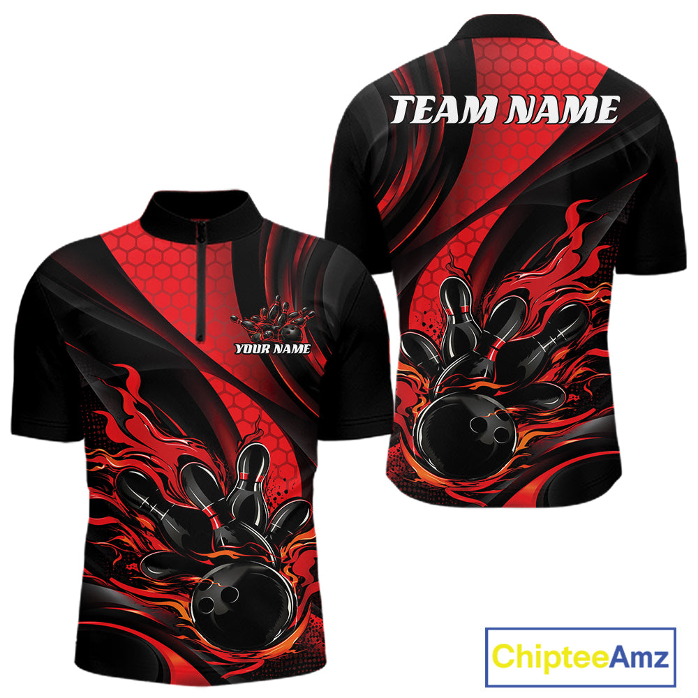 Black And Red Flame Custom Bowling Men Quarter Zip Shirt, Bowling League Team Outfit IPHW12844