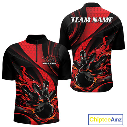 Black And Red Flame Custom Bowling Men Quarter Zip Shirt, Bowling League Team Outfit IPHW12844