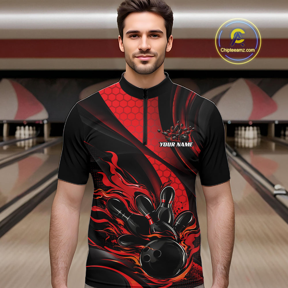 Black And Red Flame Custom Bowling Men Quarter Zip Shirt, Bowling League Team Outfit IPHW12844