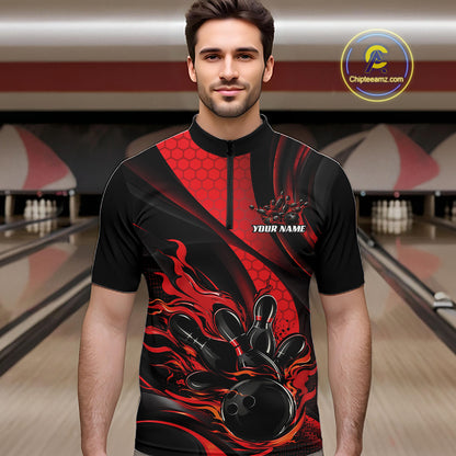 Black And Red Flame Custom Bowling Men Quarter Zip Shirt, Bowling League Team Outfit IPHW12844