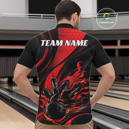 Black And Red Flame Custom Bowling Men Quarter Zip Shirt, Bowling League Team Outfit IPHW12844