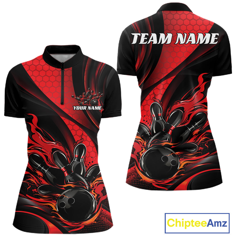 Black And Red Flame Custom Bowling Women Quarter-Zip Shirt, Bowling League Team Outfit IPHW12844
