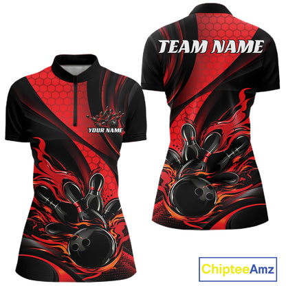 Black And Red Flame Custom Bowling Women Quarter-Zip Shirt, Bowling League Team Outfit IPHW12844