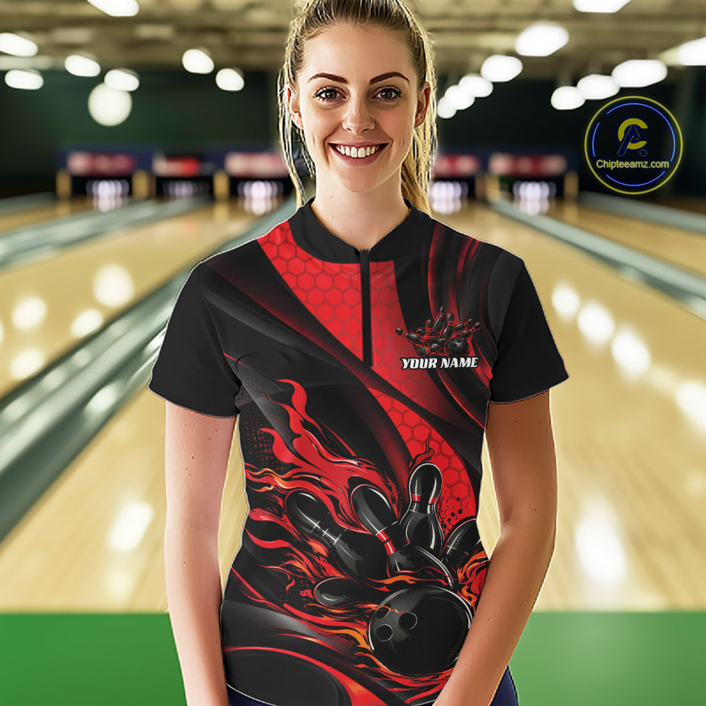 Black And Red Flame Custom Bowling Women Quarter-Zip Shirt, Bowling League Team Outfit IPHW12844