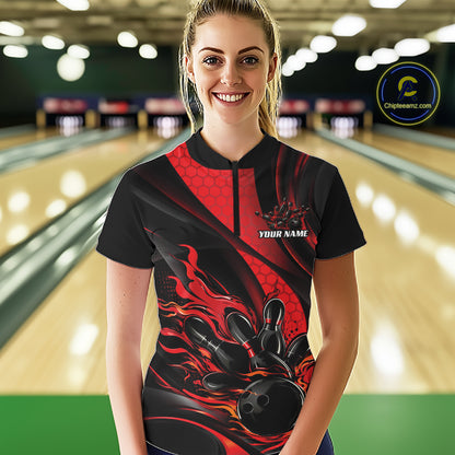 Black And Red Flame Custom Bowling Women Quarter-Zip Shirt, Bowling League Team Outfit IPHW12844