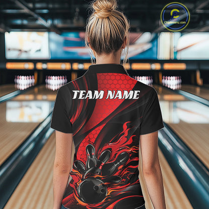 Black And Red Flame Custom Bowling Women Quarter-Zip Shirt, Bowling League Team Outfit IPHW12844