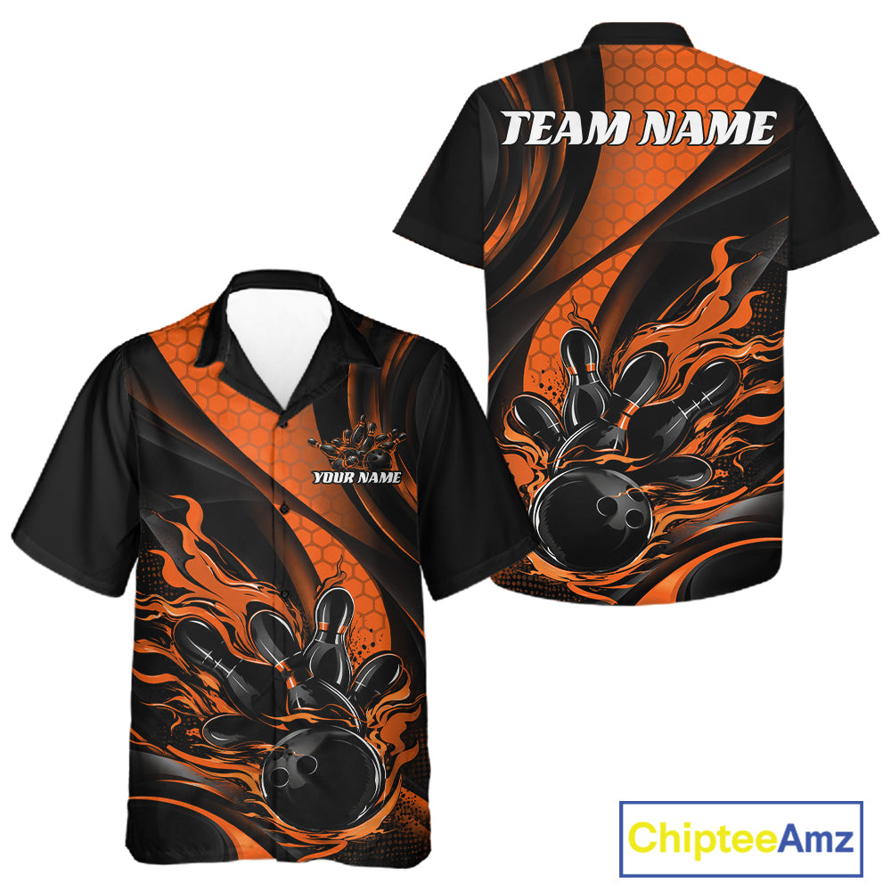 Black And Orange Flame Custom Bowling Men And Women Button Up Shirt, Bowling League Team Outfit IPHW12845