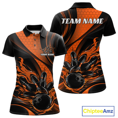 Black And Orange Flame Custom Bowling Women Polo Shirt, Bowling League Team Outfit IPHW12845