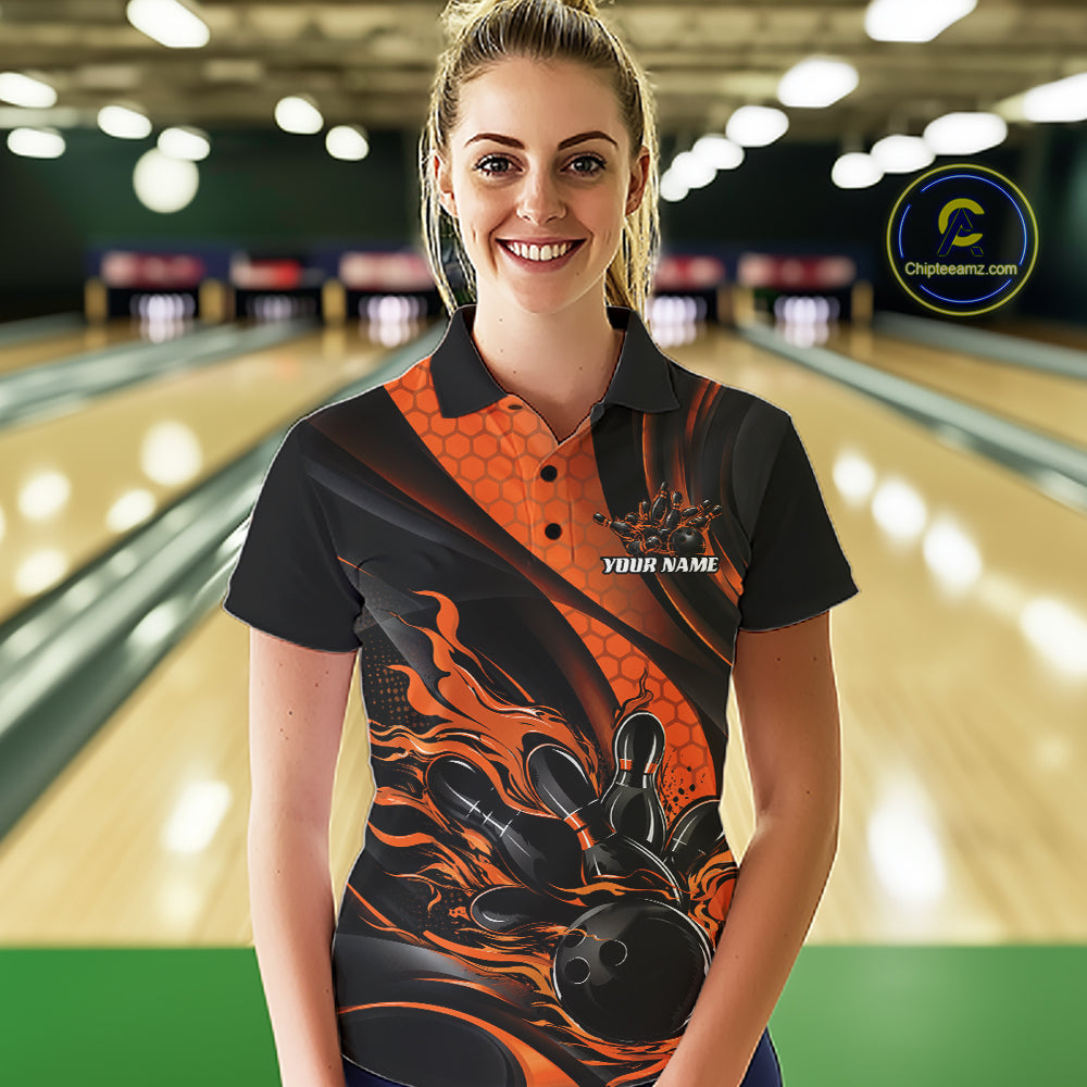 Black And Orange Flame Custom Bowling Women Polo Shirt, Bowling League Team Outfit IPHW12845