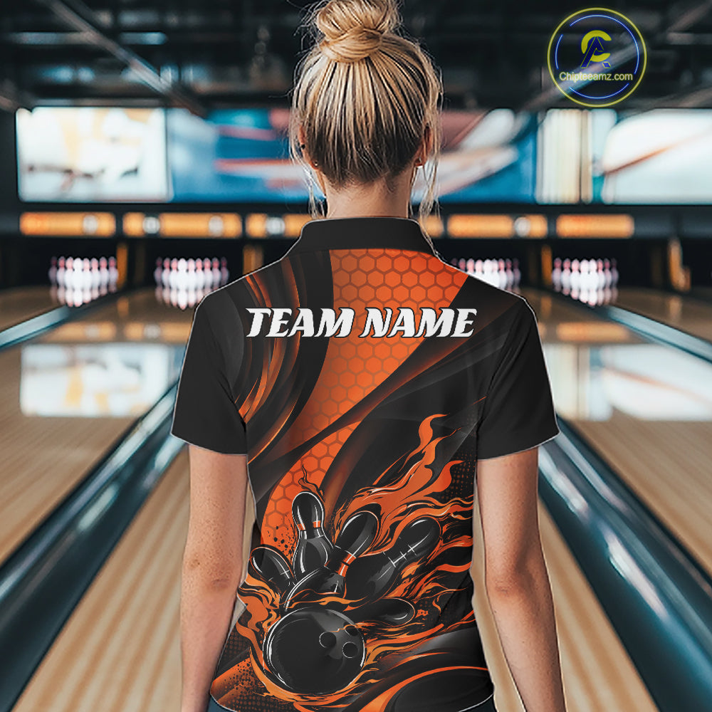 Black And Orange Flame Custom Bowling Women Polo Shirt, Bowling League Team Outfit IPHW12845