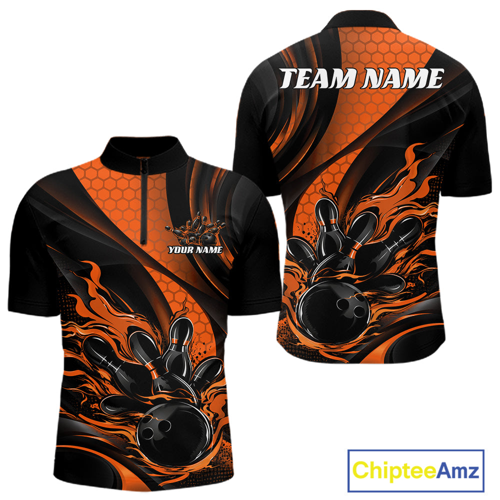 Black And Orange Flame Custom Bowling Men Quarter Zip Shirt, Bowling League Team Outfit IPHW12845